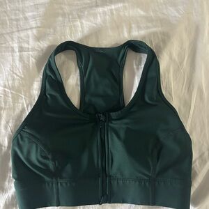 Fabletics Forest Green Front-Zip Racerback Sports Bra